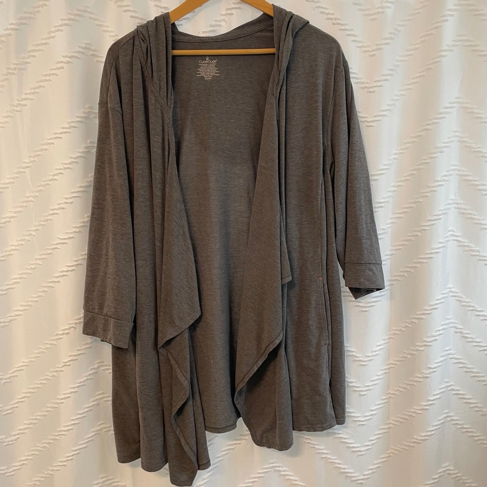 Cuddle Dudd Open Front Hooded Cardigan Gray Jersey Knit 3/4 Sleeve Pocket L